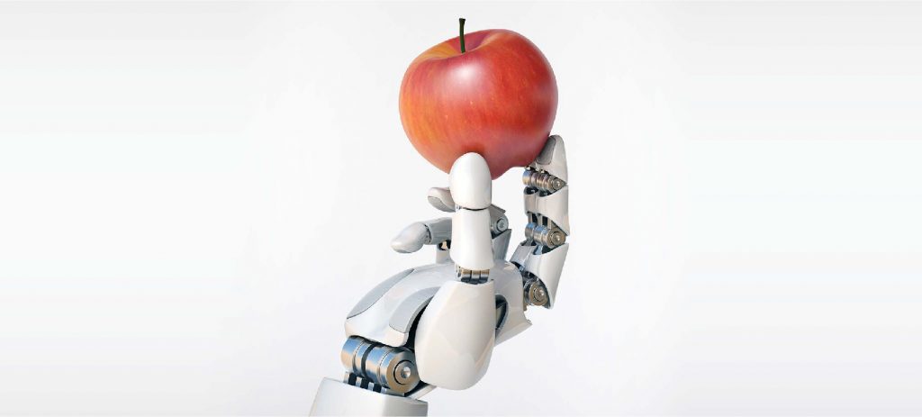 robô-segurando-maçã-simbolizando-a-Inteligência-Artificial-na-indústria-de-alimentos-e-bebidas